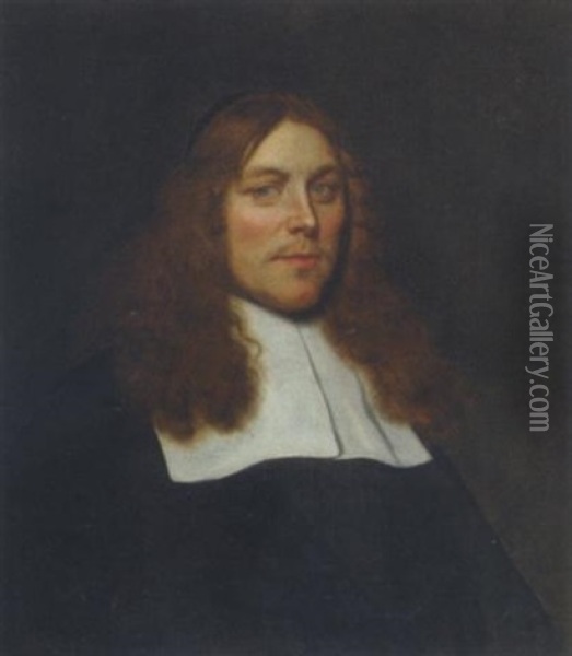 A Portrait Of A Vicar, Aged 34, In A Black Costume With A White Flat Collar Oil Painting - Ludolf de Jongh