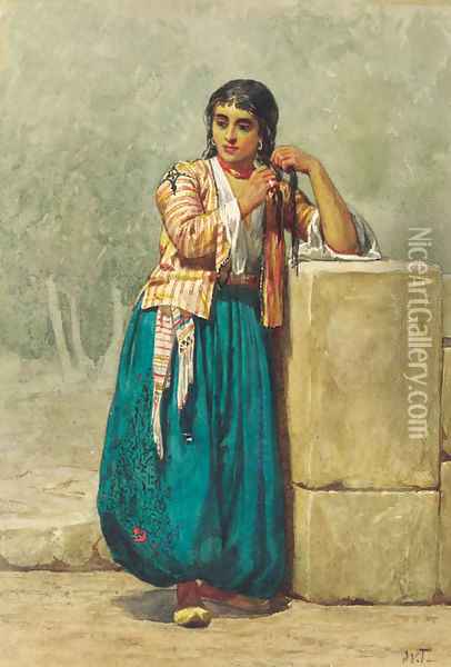 A North African beauty brading her hair Oil Painting - Willem De Famars Testas