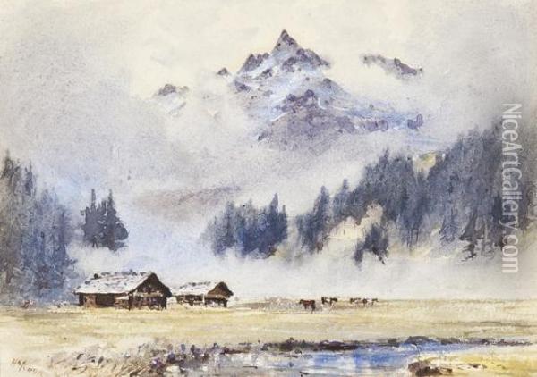 Alpine View With Mist Clearing Oil Painting - Herbert Moxon Cook