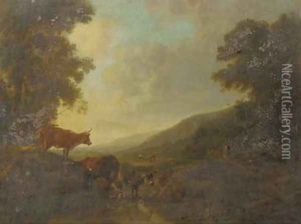 A landscape with shepherds and their cattle by a creek Oil Painting - Balthazar Paul Ommeganck
