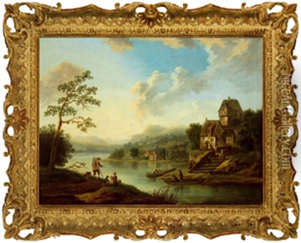 Flusslandschaft Mit Booten Und Figuren Oil Painting - Johann Georg Schuez