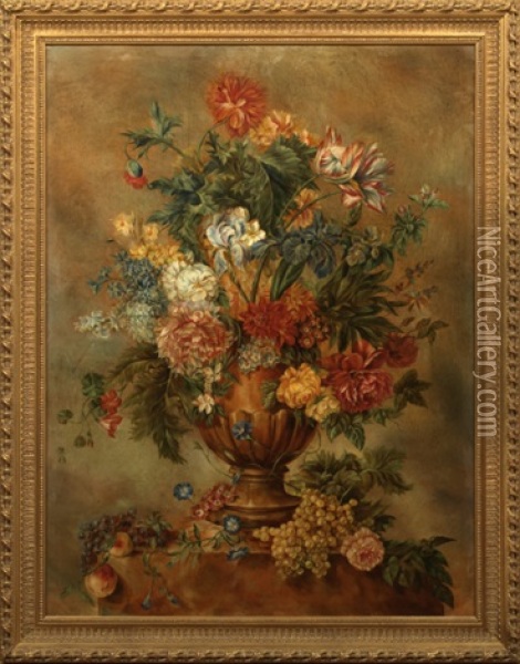 Bouquet Of Flowers In An Urn On A Pedestal Oil Painting - Jan Van Huysum