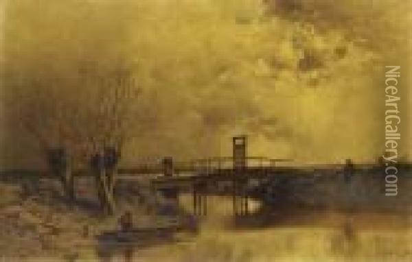 Figures By A Wooden Bridge In A River Landscape Oil Painting - Ciceri, Eugene