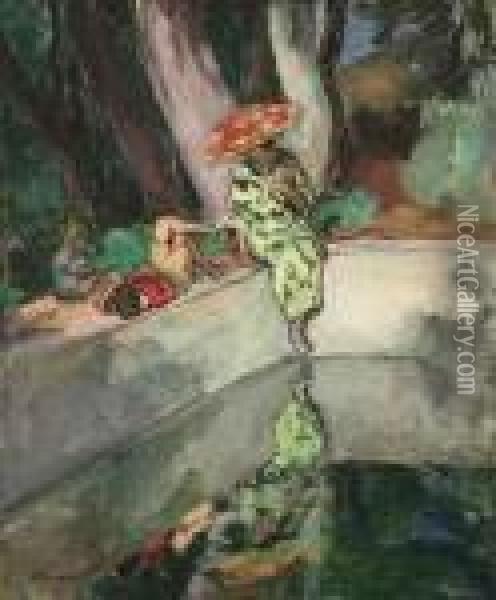 Le Pradet, Femme Et Enfants Au Bord D'un Bassin Oil Painting - Henri Lebasque