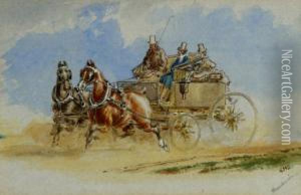 A Coach At Speedwith Two Passengers Oil Painting - Charles Cooper Henderson