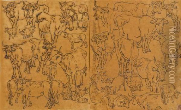 Study Sheet With Cows And Sheep Oil Painting - Johann Balthasar I Bullinger