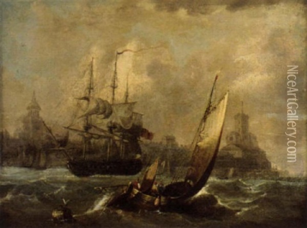 A Royal Naval Fifth Rate Running Into A Channel Port Oil Painting - Edward William Cooke