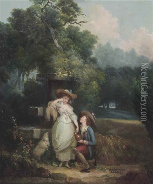 A Shepherd Courting A Shepherdess By A Fountain, With A Sheep, In A Wooded Landscape Oil Painting - Jean-Frederic Schall