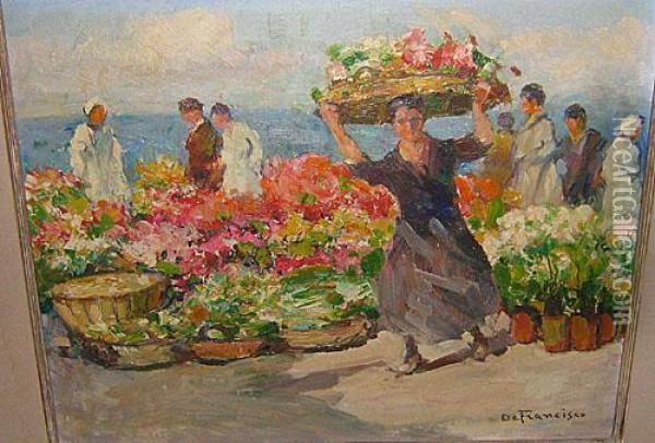 Le Marche Aux Fleurs A Menton Oil Painting - Francisco Barelo De