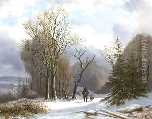 Taking the dog for a walk on a winter's day Oil Painting - Hermanus Everhardus Rademaker