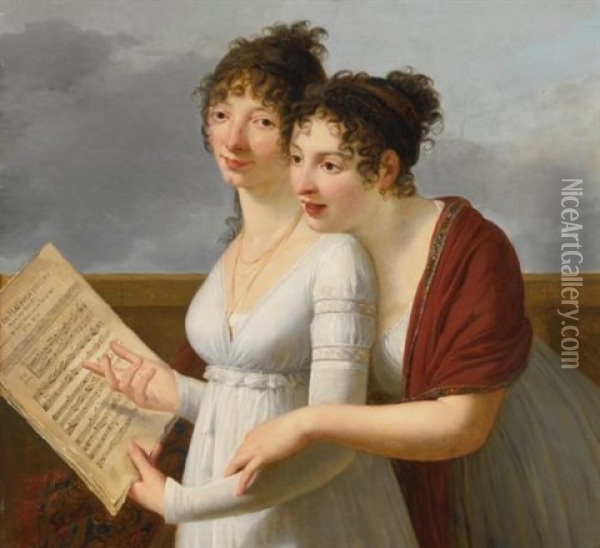 Portrait Of Two Elegantly Dressed Ladies Oil Painting - Robert Jacques Francois Faust Lefevre
