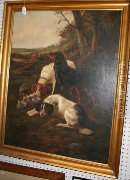 Landscape With A Gordon Setter And Two English Setters Oil Painting - John Gifford