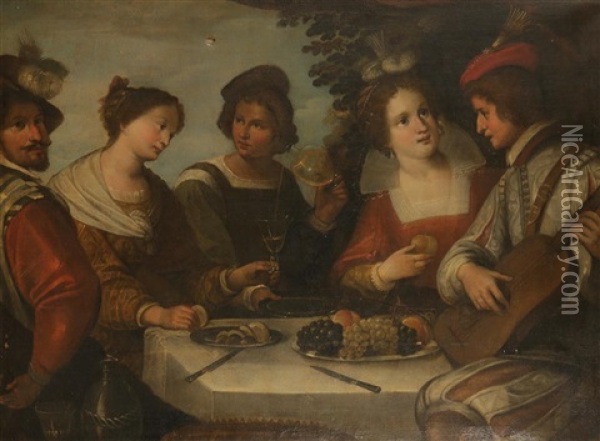A Concert Party With Figures Eating Fruit And Drinking At A Table Oil Painting - Giovanni Cariani