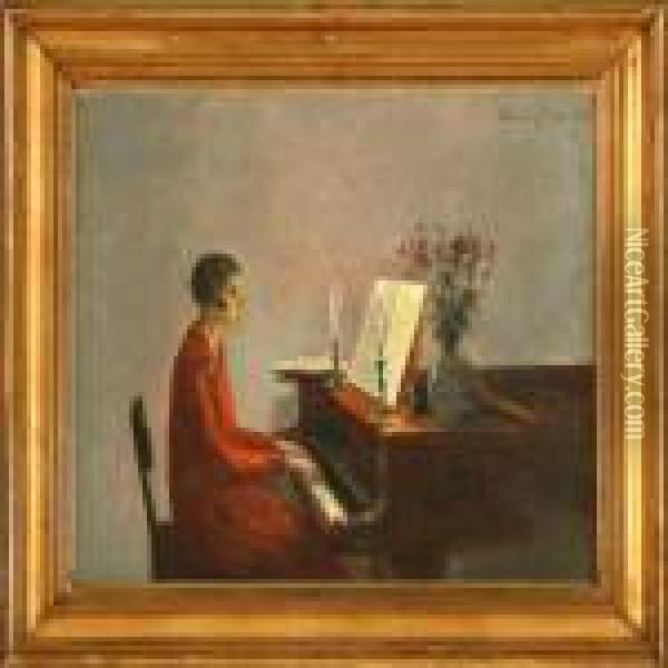 Interior With Woman Playing The Piano Oil Painting - Poul Friis Nybo