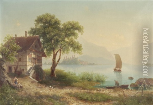 Rapperswil Von Schirmensee Aus Oil Painting - Adolf Rudolf Holzhalb
