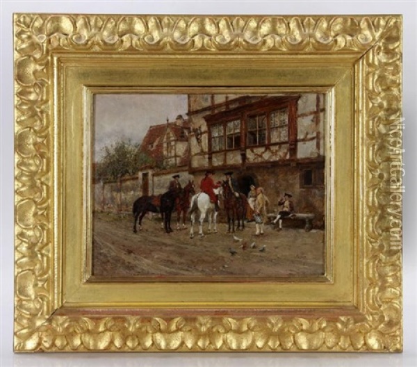 Horsemen In Front Of A Tavern Oil Painting - Wilhelm Velten