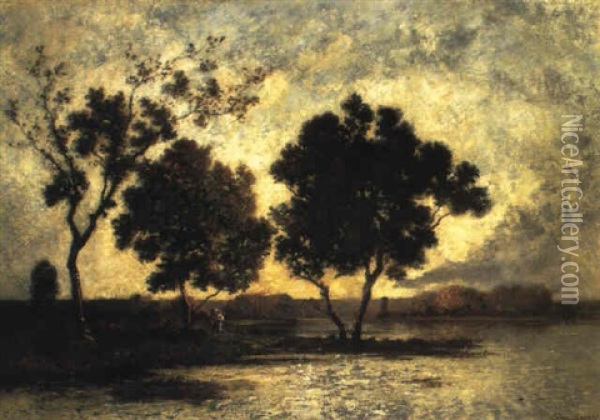 A River Landscape At Dusk Oil Painting - Leon Richet