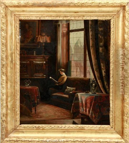 Woman Reading In Victorian Interior Oil Painting - C. Mard Field