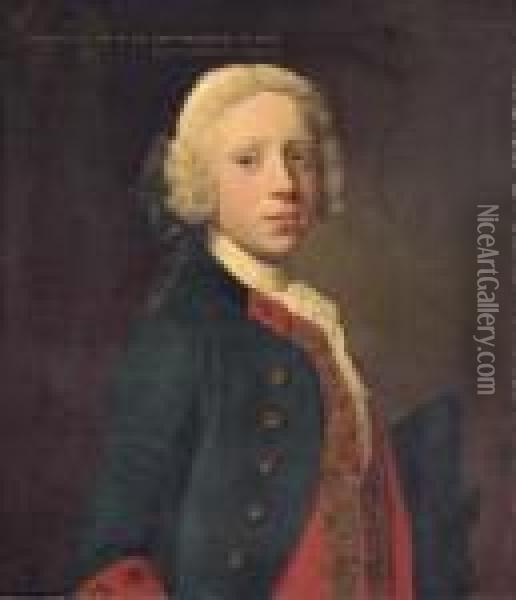 Portrait Of Marescoe Frederick, 
Half-length, In A Blue Militarycoat And Red Waistcoat, Holding A Tricorn Oil Painting - Allan Ramsay