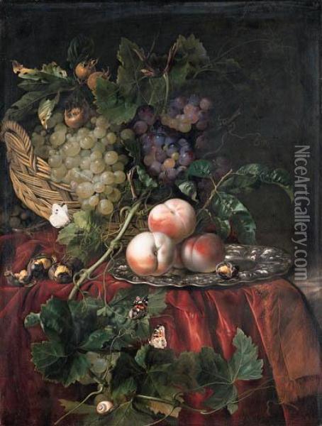 Grapes In A Basket, Peaches On A
 Silver Dish, Chestnuts, A Largewhite And Two Red Admiral Butterflies, A
 Fly And A Snail On A Vinetendril, On A Red Velvet Cloth Over A Partly 
Draped Ledge Oil Painting - Willem Van Aelst
