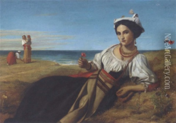 A Girl Collecting Poppies Reclining In A Coastal Landscape Oil Painting - John Rogers Herbert