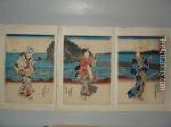 Trois Jeunes Femmes Au Bord De La Mer Oil Painting - Kunisada
