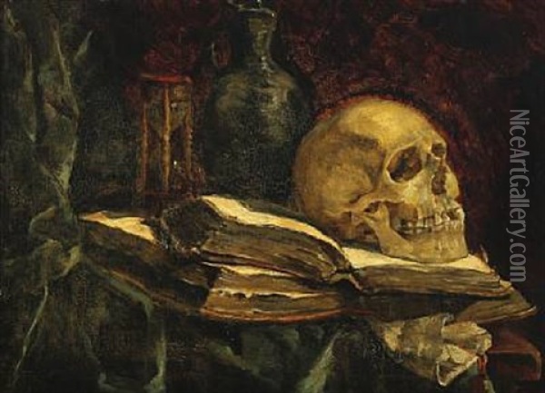 Memento Mori With Cranium And Books Oil Painting - Etha Fles