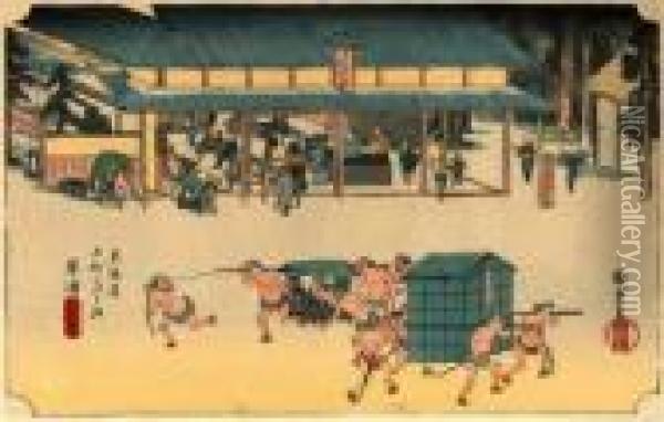Les 53 Stations Du Tokaido, Kusatsu, Meibutsu Tateba Oil Painting - Utagawa or Ando Hiroshige