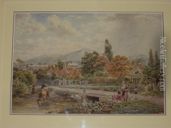 Village Scene With Children By A Stream Andcattle Watering Oil Painting - John MacPherson