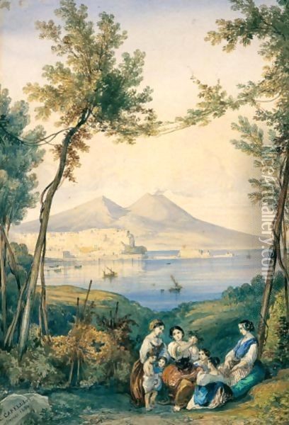 Popolane E Bambini In Un Bosco Con Il Vesuvio In Lontananza Oil Painting - Consalvo Carelli