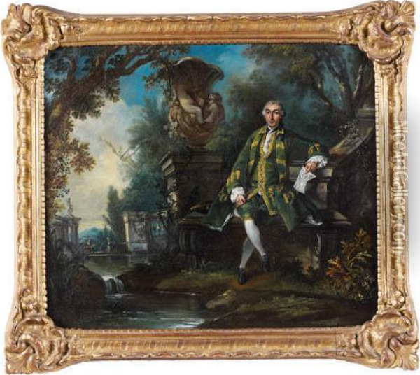 Portrait D'homme Tenant Une Partition Dans Un Paysage A La Fontaine Baroque Oil Painting - Jacques de Lajoue