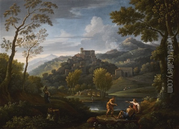 An Italianate Landscape With Figures In The Foreground, A Hilltop Town Beyond Oil Painting - Jan Frans van Bloemen