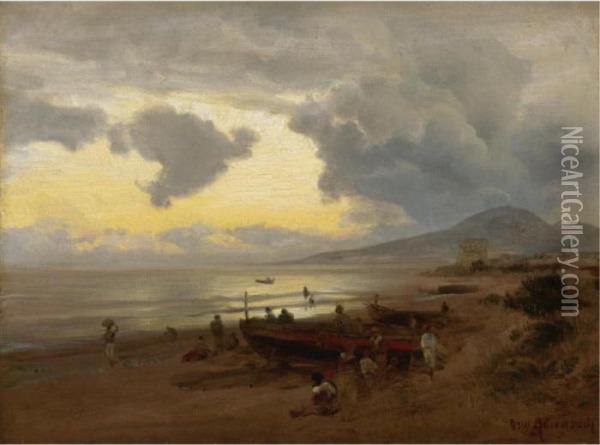 Sunset On The Shore Oil Painting - Oswald Achenbach