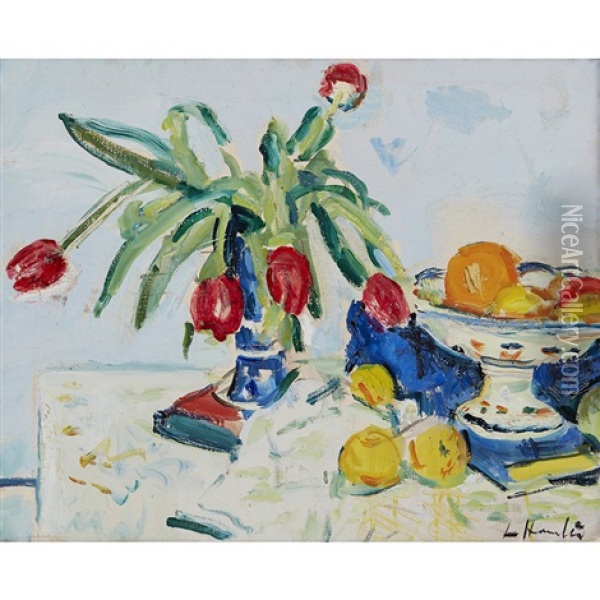 A Still Life Of Tulips And Fruit Oil Painting - George Leslie Hunter