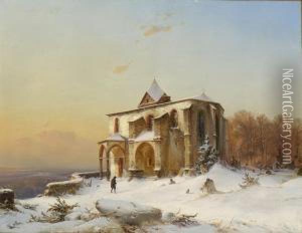 Gotische Kirche In
 Winterlandschaft. Oil Painting - Carl Hilgers