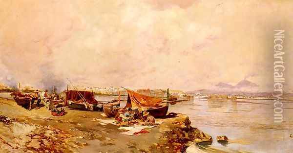 Fishermen's Tasks In The Bay Of Naples Oil Painting - Carlo Brancaccio