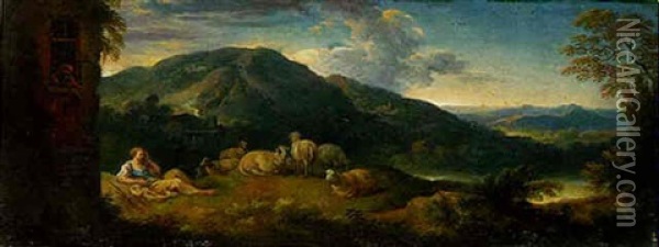 A Mountanous Landscape With A Shepherdess Resting On The Brow Of A Hill Overlooking A Lake In The Roman Campagna Oil Painting - Andrea Locatelli