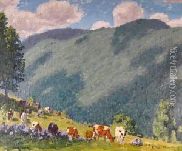 Cows Grazing On A Hillside Oil Painting - Edward Charles Volkert