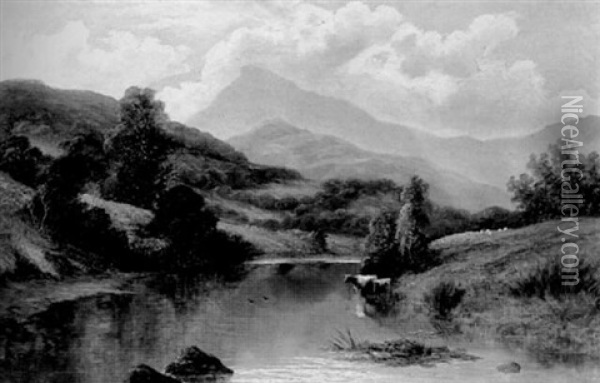 Cattle On The Banks Of A River With A Mountainous Landscape Beyond Oil Painting - William Mellor