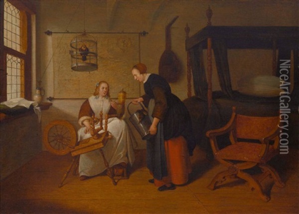 Junge Frau Am Spinnrad Und Magd Mit Geflugel Oil Painting - Quiringh Gerritsz van Brekelenkam