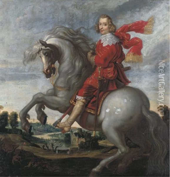 An Equestrian Portrait Of The Cardinal-infante Ferdinand, An Extensive River Landscape Beyond Oil Painting - Pauwels van Hillegaert