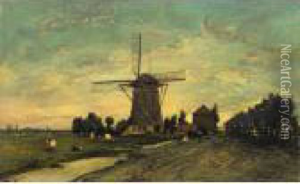 Moulin A Vent Pres D'overschie Oil Painting - Johan Barthold Jongkind