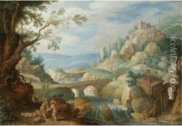 A Mountainous River Landscape With Herdsmen Resting Their Goats In The Foreground Oil Painting - Willem van, the Younger Nieulandt
