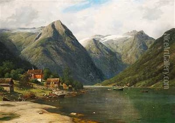 En Bygd Ved En Norsk Fjord Oil Painting - Georg Emil Libert