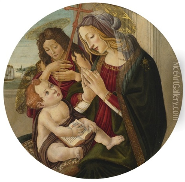 Madonna And Child With The Infant Saint John The Baptist, Seated By A Window, An Extensive Landscape Beyond Oil Painting - Sandro Botticelli