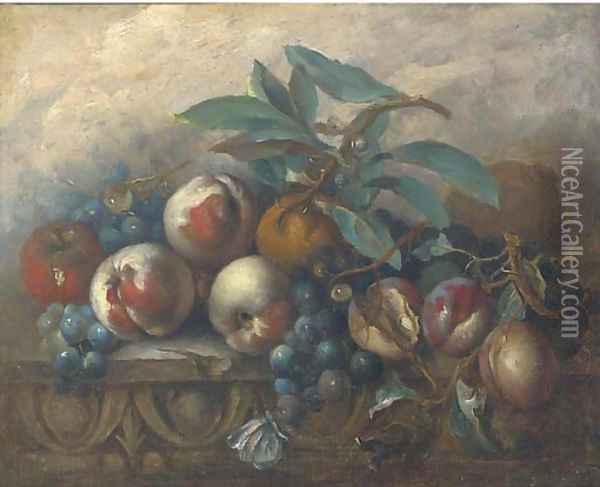Peaches, grapes, oranges and an apple on an ornamental ledge Oil Painting - Italian School