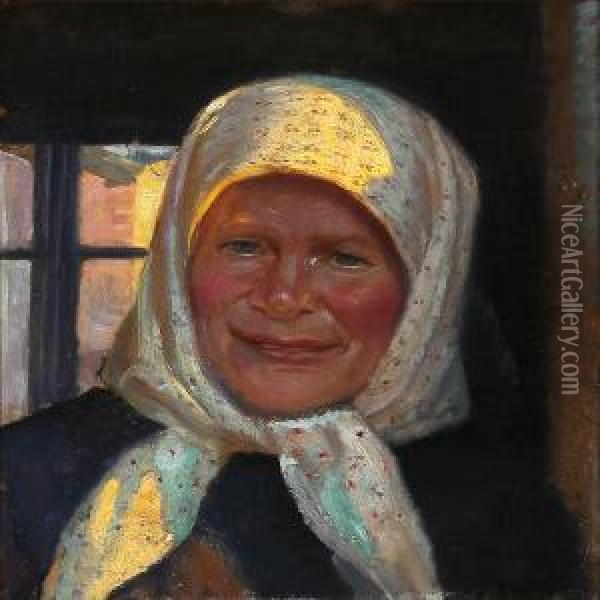A Woman With A Floral Headscarf, Skagen Oil Painting - Michael Ancher