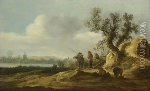 A River Landscape With Figures Conversing Beneath A Tree Oil Painting - Jan van Goyen