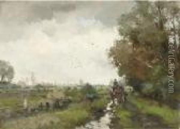 A Horse And Cart On A Country Road Oil Painting - Willem George Fred. Jansen