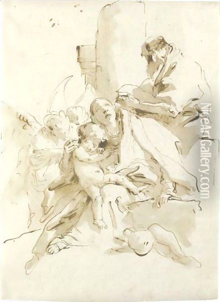 The Holy Family, St. Joseph Reading And Two Angels In The Background Oil Painting - Giovanni Battista Tiepolo